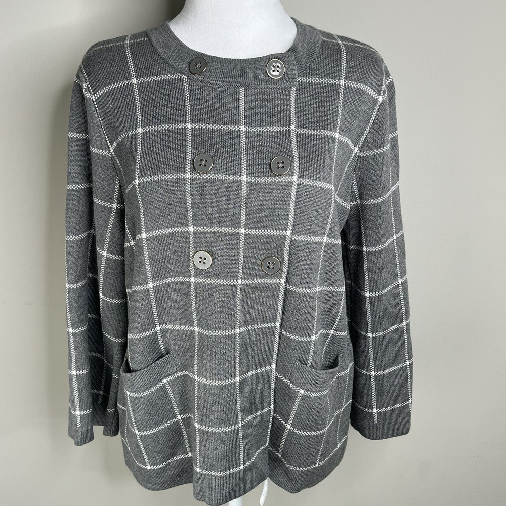 Banana Republic Sweater Cardigan‎ Gray White Window Pane Office Women M